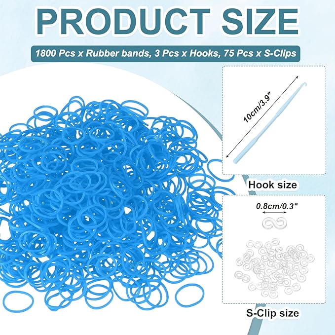 MECCANIXITY 1800 Pcs Loom Rubber Bands Kit with 75 Pcs S-Clips 3-Hooks Rubber Bands Refill Bracelet Making Kits for Weaving DIY Handcrafts Gift, Light Blue