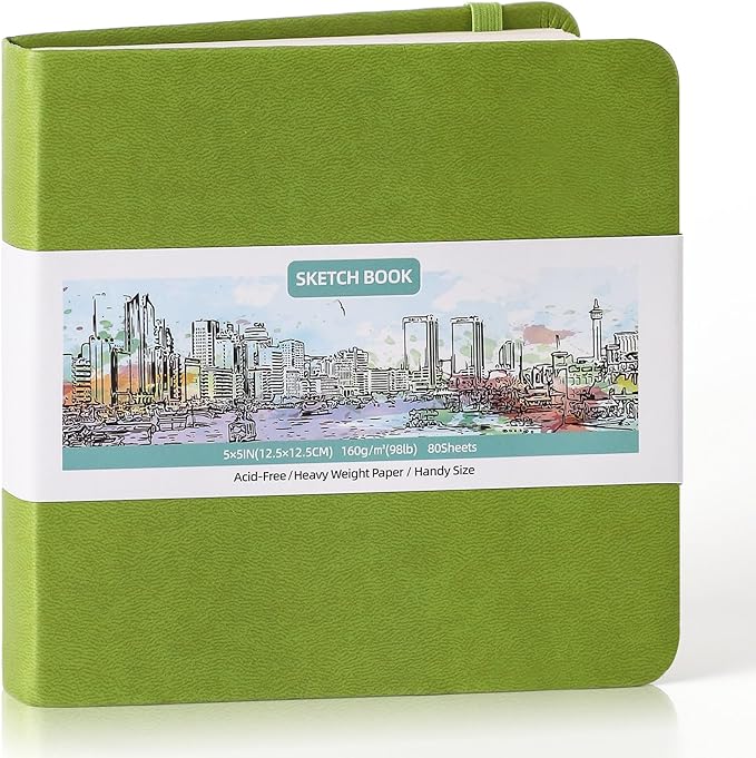Hardcover Pocket Sketchbook, 5" x 5" Square Mini Sketchbook, 98lb/160gsm Heavyweight Tiny Sketch Book, 80 Sheets Small Travel Drawing Journal for Adults, Artist, Ideal for Gift (Emerald Green)