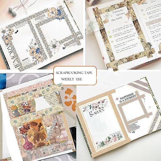 16 Rolls Vintage Washi Tape Set with Handwritten Text, Retro Junk Books Design, Thin Retro Decorative Antique Patterns Masking Tape for Scrapbook, Journals, Planners, DIY Crafts