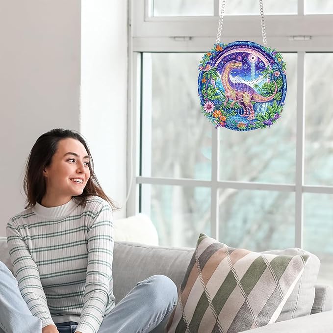 Yomiie DIY Double Sided Sun Catcher Window Hanging – Dinosaur Animal Diamond Painting Pendant Kits, 5D Acrylic Diamonds Hanging Craft for Adults, Diamond Art Ornament for Outdoor/Indoor Decor 8x8 inch