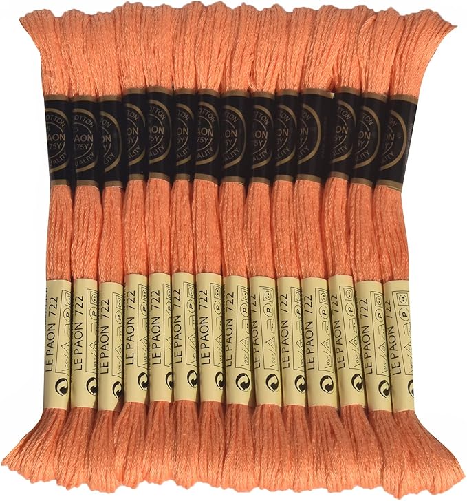 LE PAON Embroidery Floss, 14-Pack Six Strands 100% Long Staple Cotton Embroidery Thread, 8.7-Yard，Color Number：722, Light Orange Spice