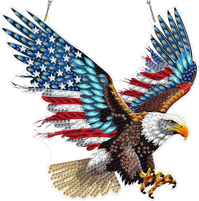 MXJSUA American Flag Bald Eagle Diamond Painting Art Window Suncatchers, Diamond Art Kits for Adults Hanging Ornaments with Chain, 5D Special Shape Crystal Diamond Pendant Accessories for Decor Gift