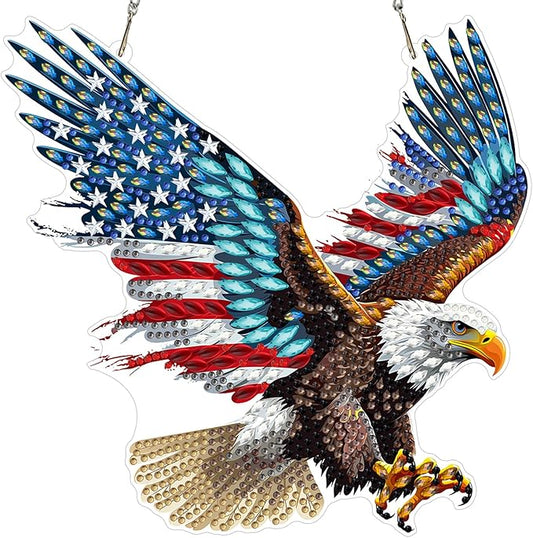 MXJSUA American Flag Bald Eagle Diamond Painting Art Window Suncatchers, Diamond Art Kits for Adults Hanging Ornaments with Chain, 5D Special Shape Crystal Diamond Pendant Accessories for Decor Gift