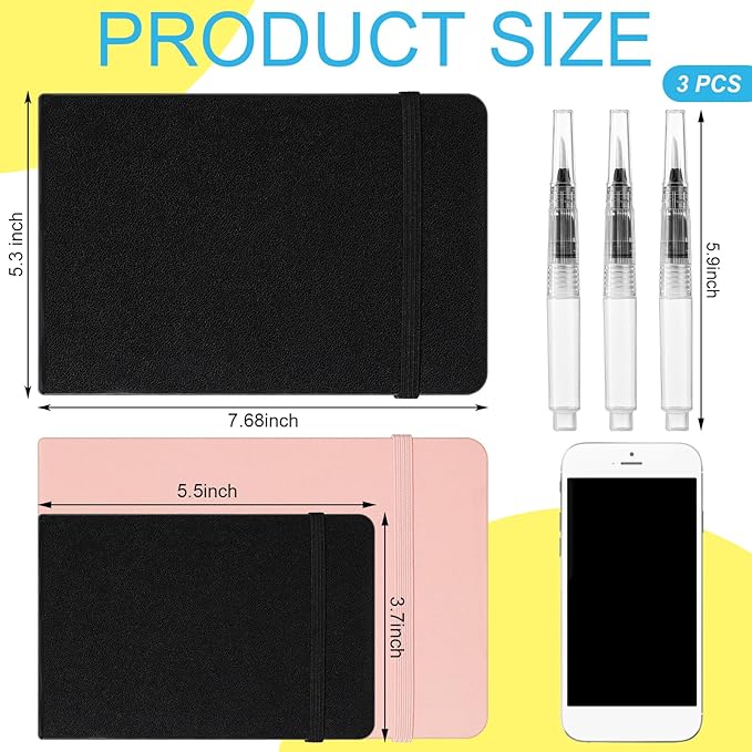 Teling 2 Pcs Watercolor Sketchbook with 3 Brush Pens, 140lb/300gsm Paper, Small Portable Travel Watercolor Journal, Pocket Notebook with Folding Pockets, Tear Away Pages with Dotted Line(7.6" X 5.3")