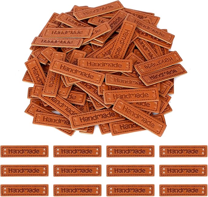 100Pcs Handmade PU Leather Tags Handmade Embossed Crochet Tags with Holes for Handmade Items Microfiber Embossed Leather Tags for Crochet Knitting Hats DIY Craft Supplies