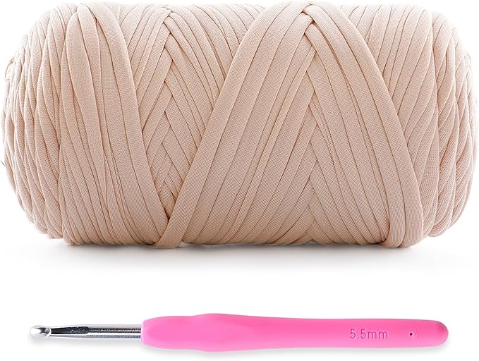Soft T-Shirt Yarn for Crochet, T Shirt Yarns for Crocheting Crafts, Bags, Basket, Coaster, Tshirt Yarns - 400 g/130 yds with 1 Crochet Hook (1, Beige)