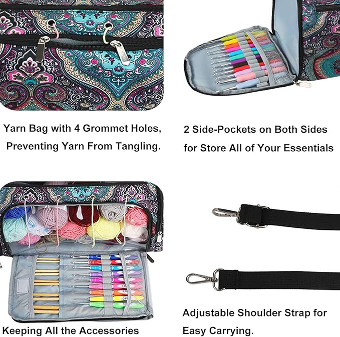 Knitting & Crochet Bag with Zipper, Travel Knitting Bag Yarn Storage for Carrying Project, Yarn, Wool, Knitting Tools Supplies, Multiple Storage Accessory Pockets, Gift for Crafty Friends