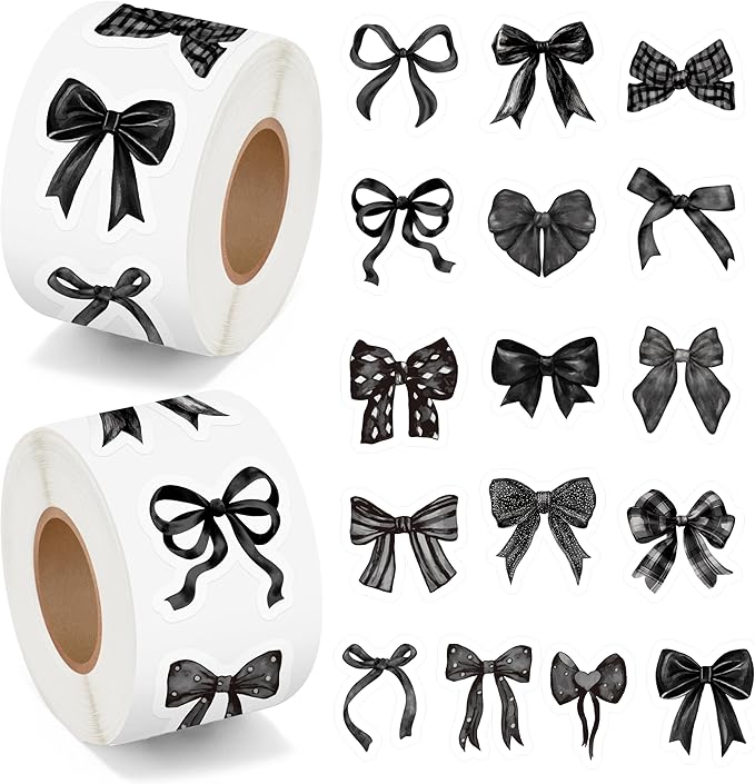 beyumi black bows sticker roll - 1000pcs coquette bow stickers in 2 rolls waterproof vinyl girly aesthetic bowknot decal for gift laptop bottle scrapbooking luggage computer envelope decor for kids