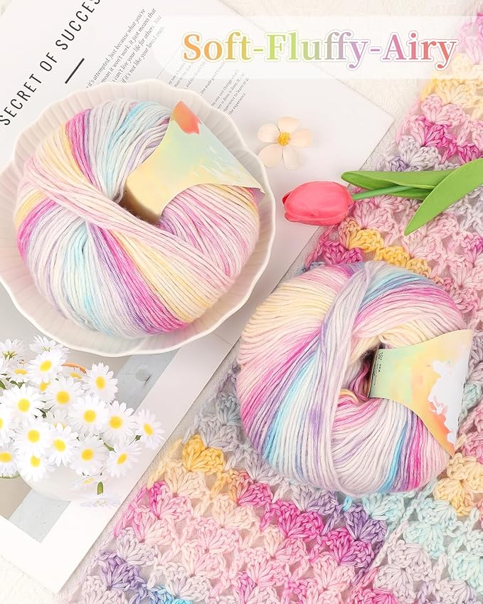 Coopay Yarn for Crocheting Knitting, Gradient Cake Yarns, 2 × 3.53oz - 240yds - 50% Cotton 50% Acrylic Ombre Yarns, Gradient Crochet Yarn for Blankets, Shawls, Scarves (206 Fairy Tale)