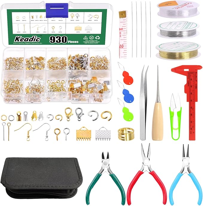 Keadic 950Pcs Jewelry Making Supplies Kit Includes Jewelry Wires, Eye Screw Pin, Jump Ring, Cord End, Lobster Clasps, Earring Hooks, Mini Jewelry Pliers for Earring Bracket Necklace Making
