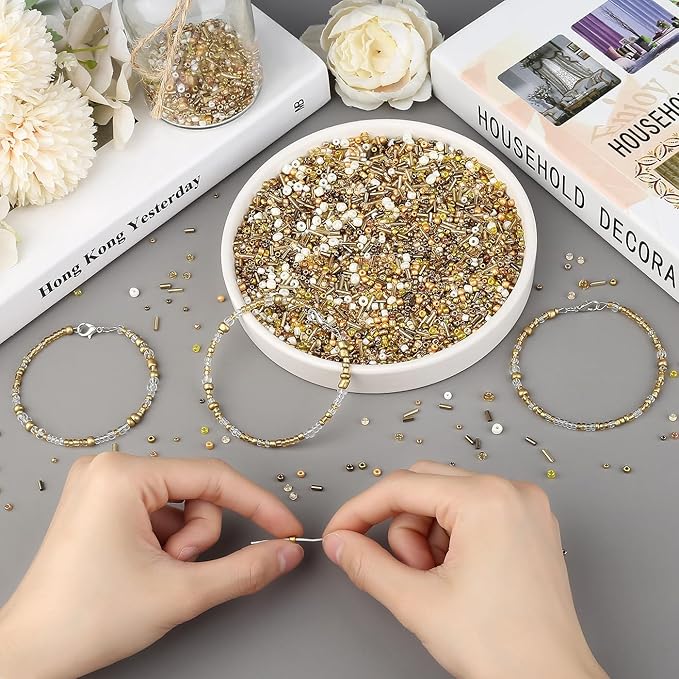 DUQGUHO Gold Beads for Jewelry Making 4mm Gold Glass Seed Beads Kit 15 Color 3mm 2mm Small Plastic Tube Bead for Bracelets Craft DIY
