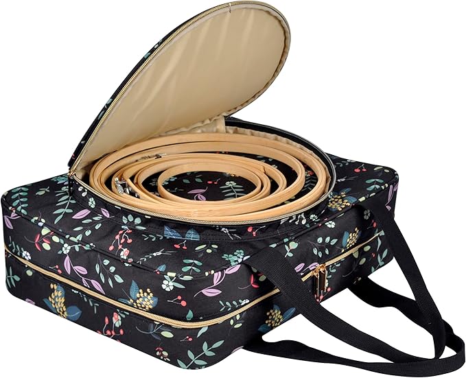 Portable Square Cross Stitch Starter Kits Bag Embroidery Project Bag Embroidery Tool Storage Tote Bag with Multifunctional Pockets, Bag Only (Black Leaves)