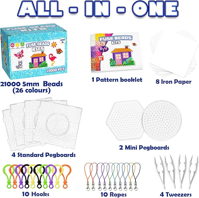FUNZBO 21000 5mm Fuse Beads Kit - 26 Colors Individual Pack, Easter Homeschool Arts and Crafts Supplies for Kids, Toys Set, Art Decorations for Room, Toys Gifts for Girls and Boys Age 5+