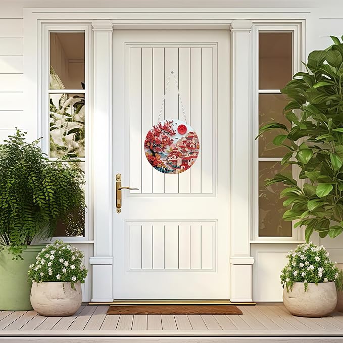 Lxmsja DIY Chinese Village Diamond Painting Hanging Ornament, Double-Sided Acrylic Red Blossoms Diamond Art Kit, Special Shaped Suncatcher Hanging Pendant Window Art Kit