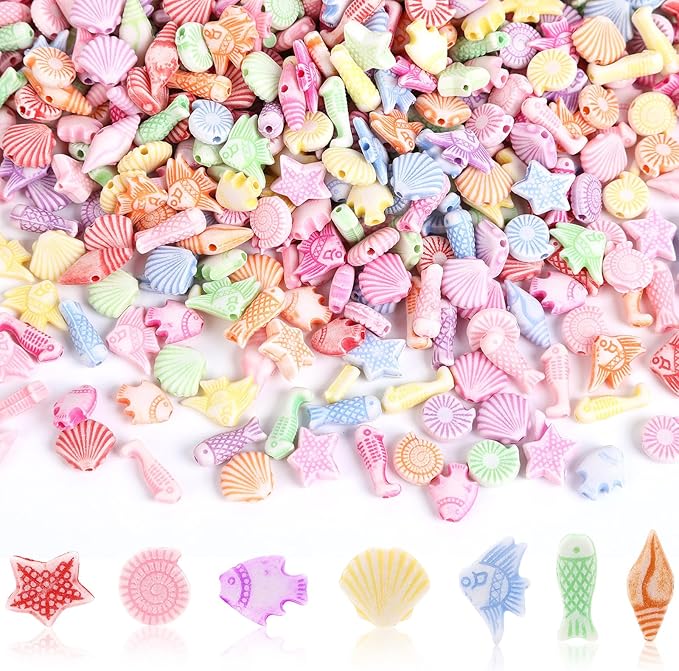 Augshy 700pcs Cute Acrylic Mini Shell Fish Starfish Beads for Party Decoration Making DIY Craft Accessories