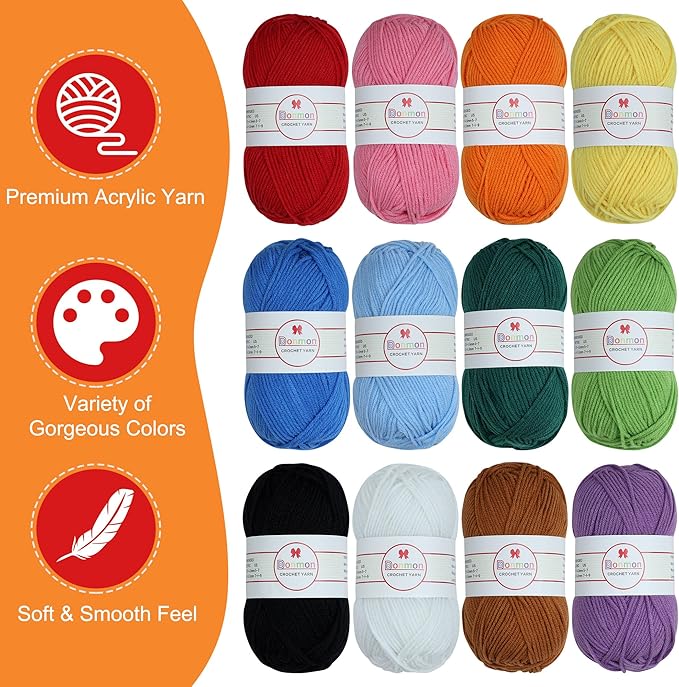Donmon Yarn for Crocheting and Knitting, 12 Skein Multicolor, 1200 Yards, 75% Polyester 25% Acrylic, 3 DK Weight, Soft and Smooth
