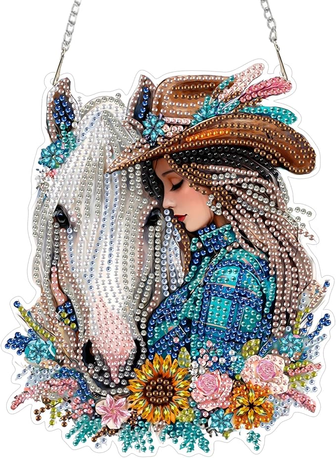 Lxmsja DIY Cowboy Girl Diamond Painting Hanging Ornament, Double-Sided Acrylic White Horse Diamond Art Kit, Special Shaped Suncatcher Hanging Pendant Window Art Kit