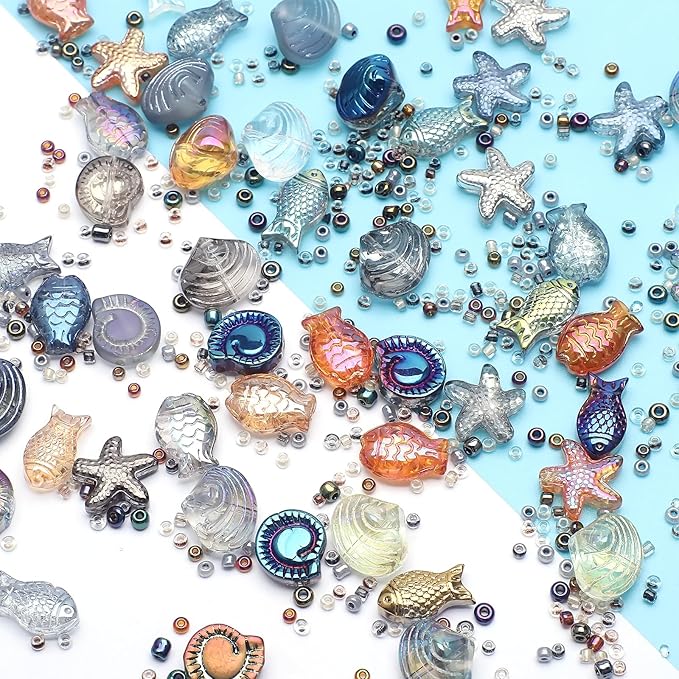650pcs Starfish, Shell, Snails, Fish Glass Beads for Jewelry Making - Ocean Themed Colorful Star Beads for Bracelet, Loose Spacer for DIY Craft Earrings Necklaces