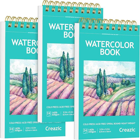 3-Pack Small Watercolor Sketchbook, 3.5" x5.5”(140lb/300g), Spiral Bound with Tear Line. Artist Water Color Paper, Portable Travel Notebook for Watercolor or Quick Sketch - Ideal for Kids & Adults