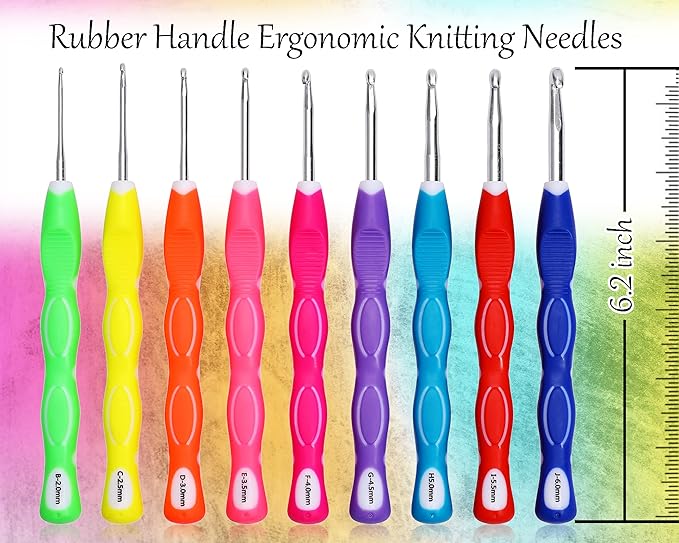 LOOEN 64Pcs Crochet Hook Set, 9 Pcs Ergonomic Rubbery Handle Hooks 2.0MM-6MM and 9 pcs Multicolor Aluminum Crochet Hooks 2.0MM-8.0MM, Crochet Hook Kits with Case, Knitting & Crochet Supplies(A - Grey)