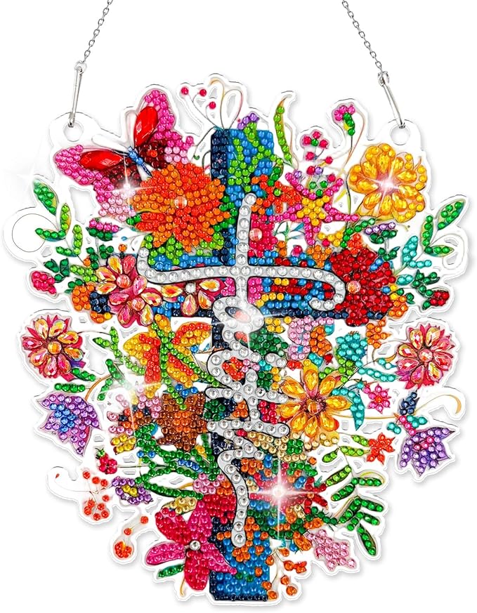 Diamond Art Hanging Kit for Adult, Painting Hanging Ornament Kit, Special Shaped Rhinestone,DIY Acrylic 5D Diamond Art Window Pendants Home Garden Wall Kits Hanging,Double Sided (Latin Cross)