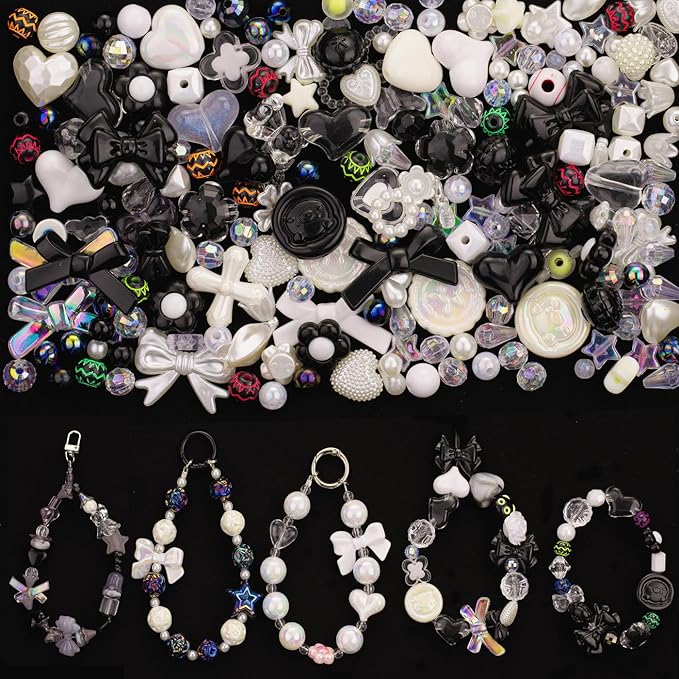 LAIDANLA Acrylic Black Beads for Bracelets Making, Black Cute Beads for DIY Necklace Keychain Phone Charm Assorted Random Mixed Kawaii Aesthetic Bead Charms 160g