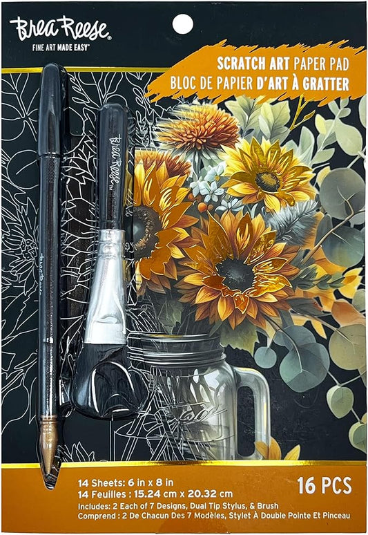 Brea Reese: Scratch Art Paper Pad - Fall Florals - 14 Sheets, 7 Guided Art Designs, Metallic Accents, Stylus & Brush, 6x8 Pages, DIY Adult Craft Kit