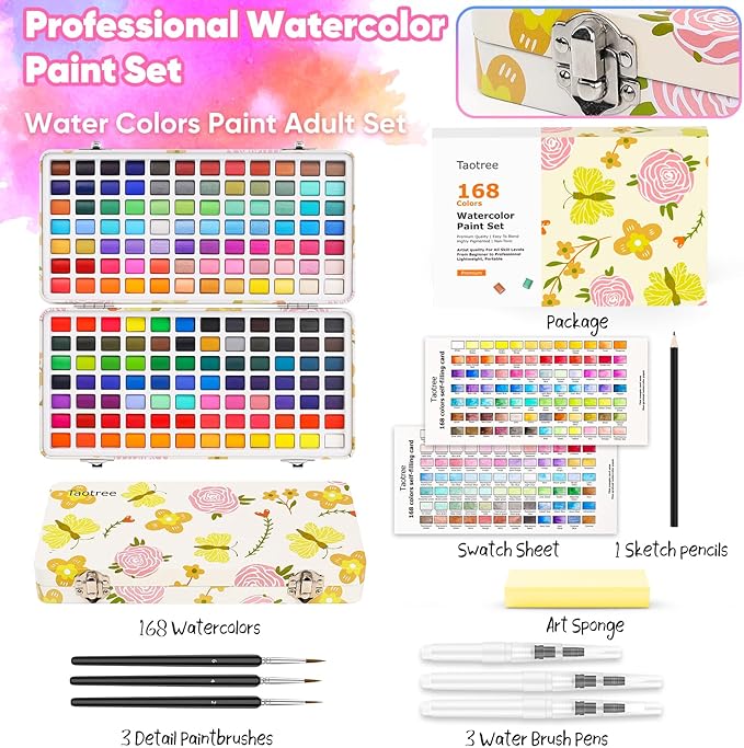 Taotree Watercolor Paint Set 168 Colors, Art Supplies Watercolors Kit Travel Water Colors with 3 Paints Brushes, Crafts Painting Supplies, Drawing for Adults Artist Drawing, Painting