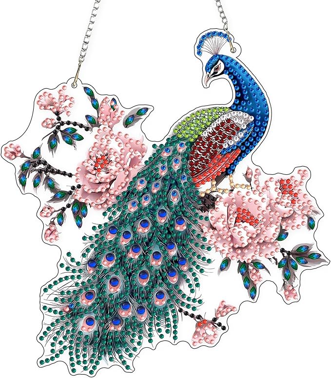 Lxmsja DIY Peacock On Branch Diamond Painting Hanging Ornament, Double-Sided Acrylic Pink Flowers Diamond Art Kit, Special Shaped Suncatcher Hanging Pendant Window Art Kit 7x8 inch