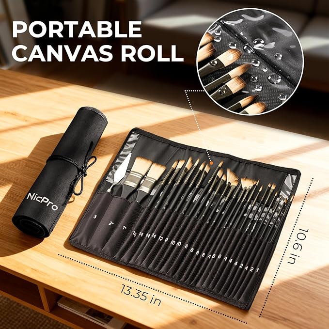 Nicpro 26pcs Paint Brush Set, Professional Paintbrushes with Palette Knife, Craft Paint Brushes for Acrylic Painting, Oil, Watercolor, Gouache & Canvas, Drawing & Art Supplies for Adults, Artists Gift