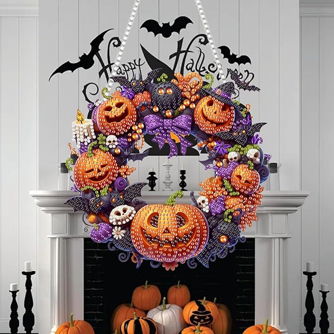 RYMILIE Diamond Art Hanging Kit for Adult,Special Shaped Rhinestone,Double Sided 5D DIY Acrylic Diamond Art Painting Window Pendants Home Garden Wall Hanging Kits Hanging Ornament (Halloween Pumpkin)