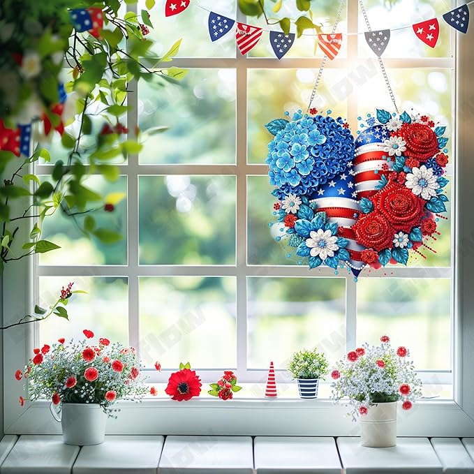 Eiflow Acrylic Diamond Art Hanging Kit for Adults 4th of July, DIY Diamonds Painting Door Hanging Board Kit, Special Crystal Diamond Art Painting Pendant Ornament (Heart)