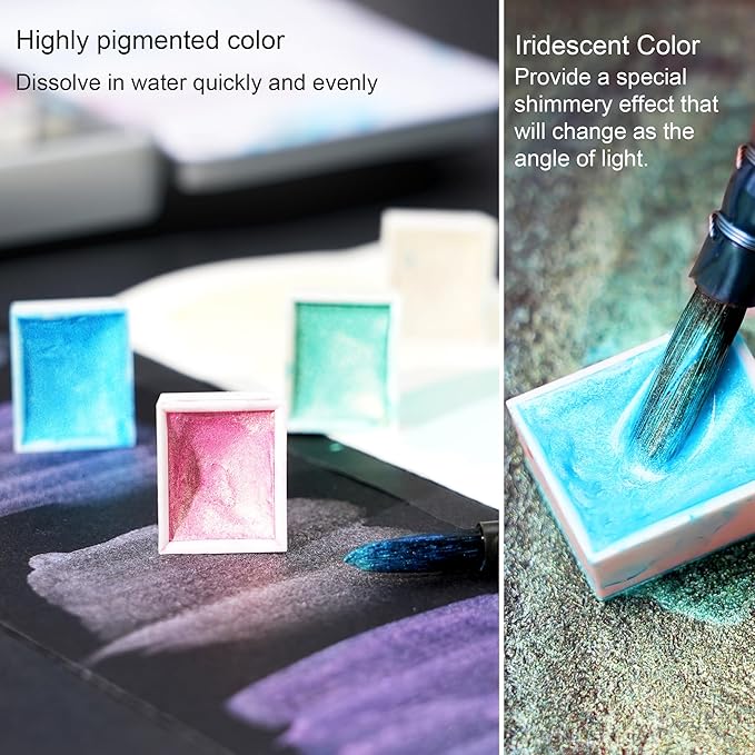 PHOENIX Iridescent Watercolor Paints - 12 Half Pan Color Shifting Watercolor Paint Set, Glitter Pearlescent Portable Palette, Gift for Water Color Painter