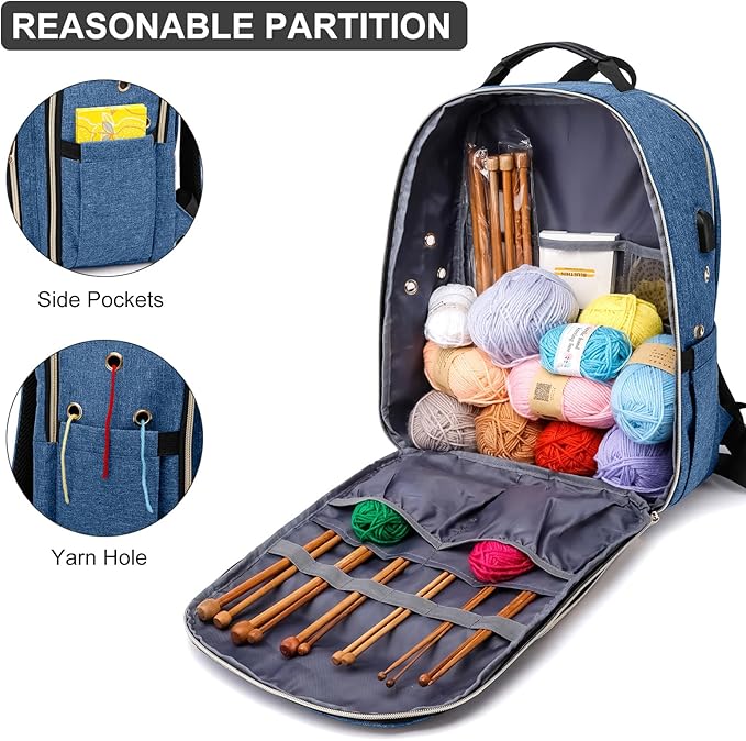 Liokesa Knitting Bag Backpack, Crochet Bag Tote, Large Yarn Storage Tote Bag with USB Charging Port, Yarn Holder Case for Carrying Projects, Knitting Needles, Yarn Supplies, Blue