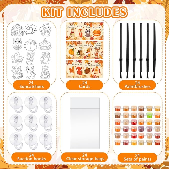 Geelin 24 Sets Fall Thanksgiving Suncatchers Ornaments Decorations DIY Window Paint Art Suncatchers Craft Kits Fall Leaf Pumpkin Sun Catchers for Autumn Harvest Party Classroom Activity Art Project