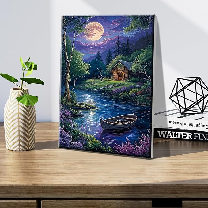 JOOZ Landscape Paint by Numbers Kit for Adults Beginner with Easel Cabin at Night Paint by Number on Canvas with Frame DIY Acrylic Painting for Ideal Gift Home Wall Decor 7.87x11.81 Inch