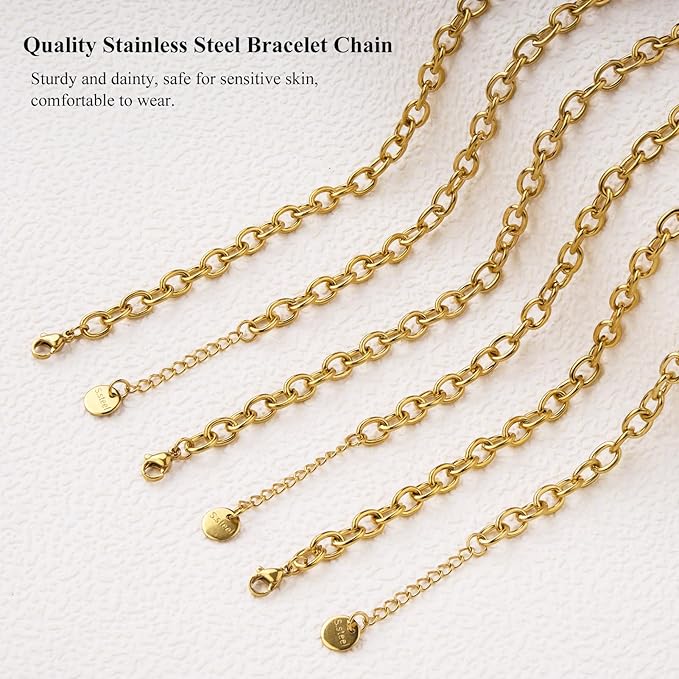 10 PCS 6.7 Inches Charm Bracelet Chains for Jewelry Making Gold Plated Stainless Steel Chain Link Bracelets Set with Lobster Clasps Adjustable Extender