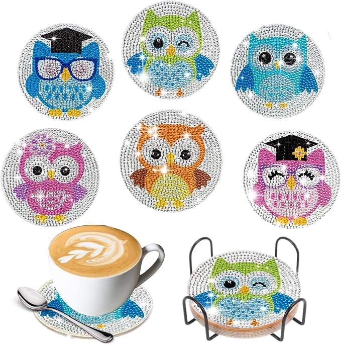 6 Pcs Owls Shaped Diamond Painting Kits, Diamond Painting Kits with Holder Owls, Diamond Art Coasters for Beginners Adults - Perfect Art Craft Supplies Gift!… (Owls 2)