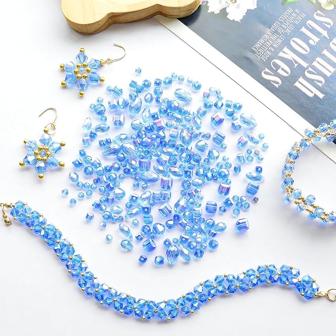 1500 Pcs Crystal Glass Beads for Jewelry Making – 12 Styles Bicone, Rondelle, Cube, Teardrop & 3mm Spacer Beads, DIY Bracelet Necklace Earring Craft Kit with Organizer Box(Blue)