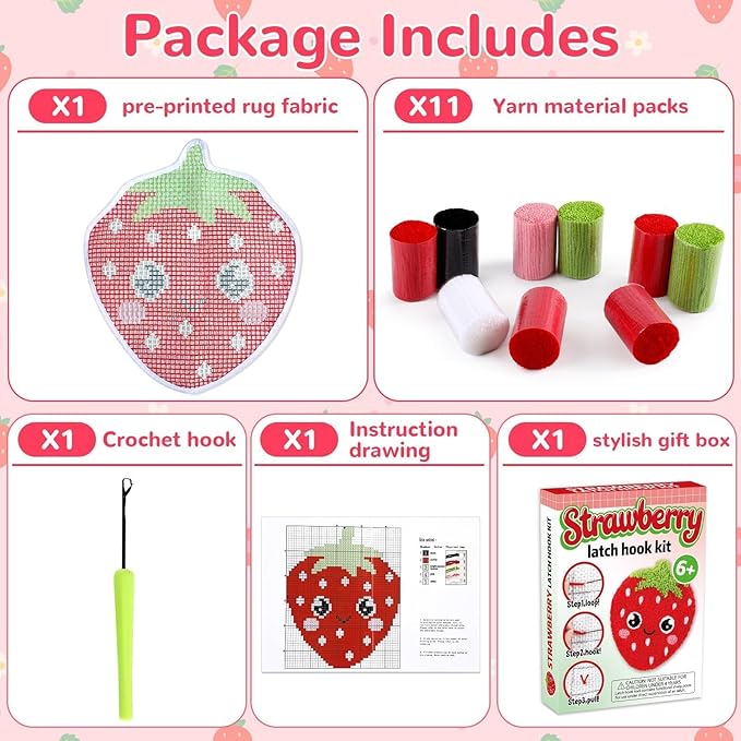 Strawberry Latch Hook Mini Rug Kit Strawberry DIY Valentine Craft for Kids Adults Beginner Making Your Own Crochet Carpet Printed Canvas Yarn Rug Hooking Kit Cross Sewing Christmas Gift for Home Decor