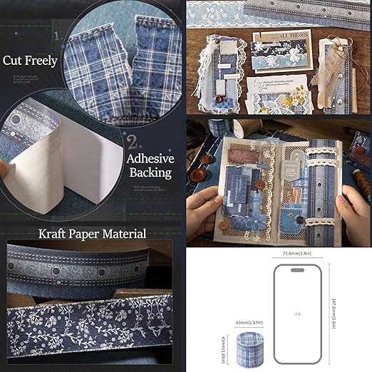 PET Washi Tape Stickers for Journaling Supplies, Decorative Denim Themed Journal Tape Stickers for Scrapbooking,Journaling, Junk Journal Supplies,Planer,Letters,Water Bottles (Denim)