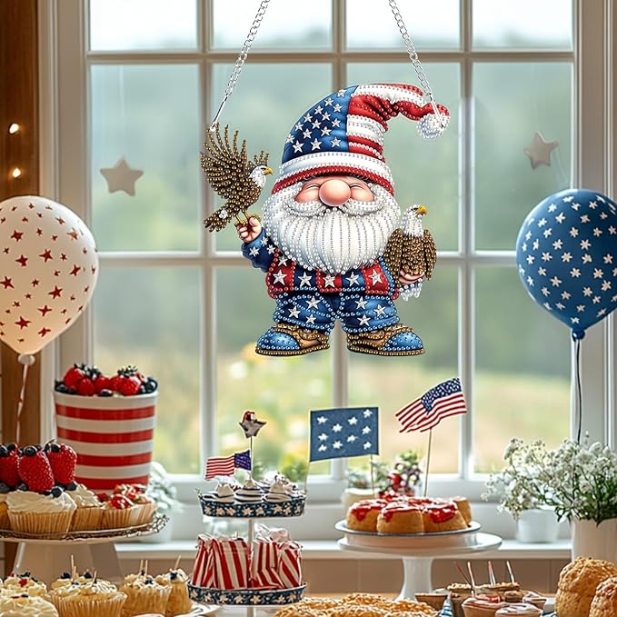 Bowetile Independence Day 5D Diamond Art Hanging Gnome Kits for Adults, 4th of July Diamond Painting USA Window Pendant Kits, Special Shape Gem Art Suncatcher Ornament for Home Wall Decor