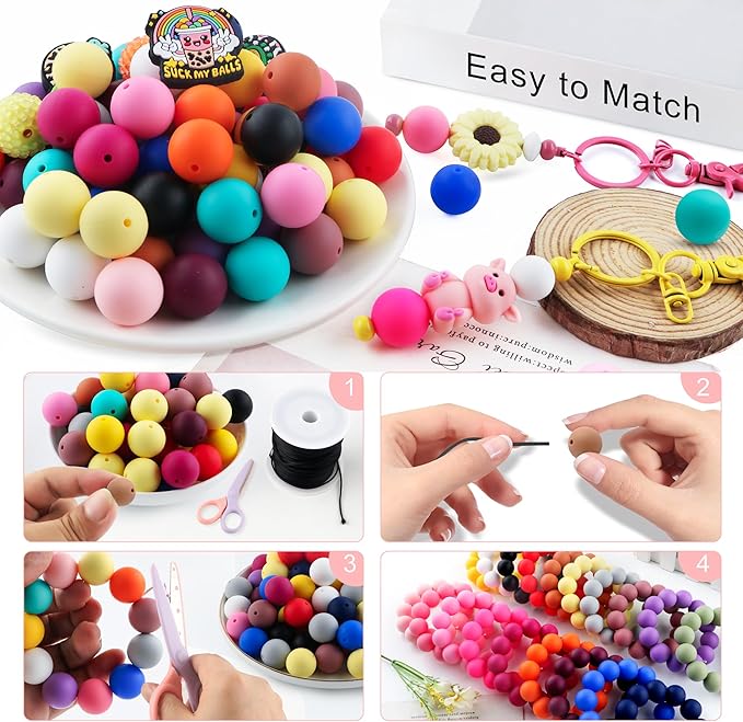 64Pcs 19mm Silicone Beads for Keychain Making and Bracelet Making,16 Colors Round Silicone Beads for Pens（Multicolor）