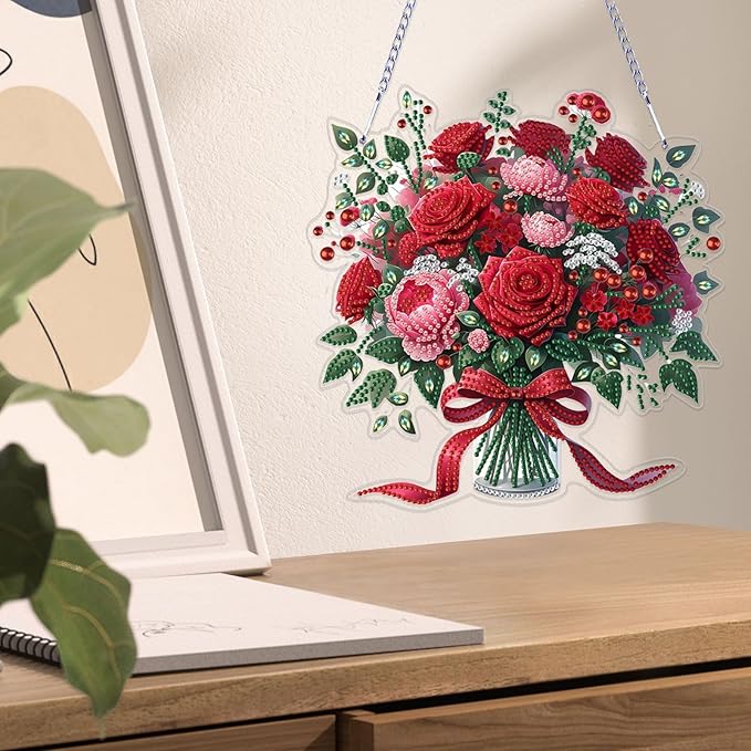 VODAPYC Mother's Day Rose Diamond Art Hanging Kits for Adults, DIY Acrylic Double Sided Special Shaped Diamonds Art Window Pendant Ornament(Red Rose Flower)