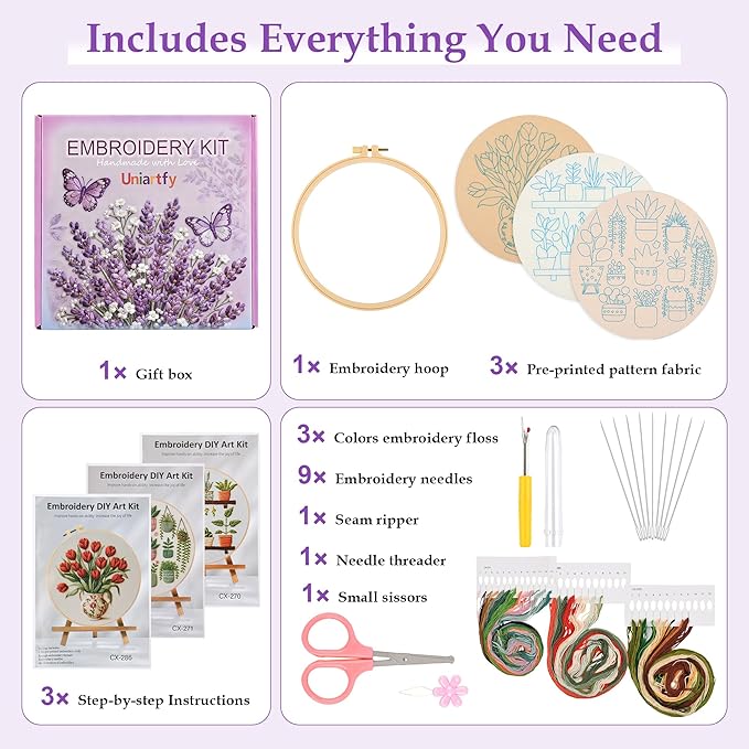 3 Pack Embroidery Kit for Adult Beginners, Needlepoint Cross Stitch Kits with Flower and Green Plant Stamped Patterns, Embroidery Hoop, Tools,Colorful Threads,Step by Step Instructions,DIY Starter Kit