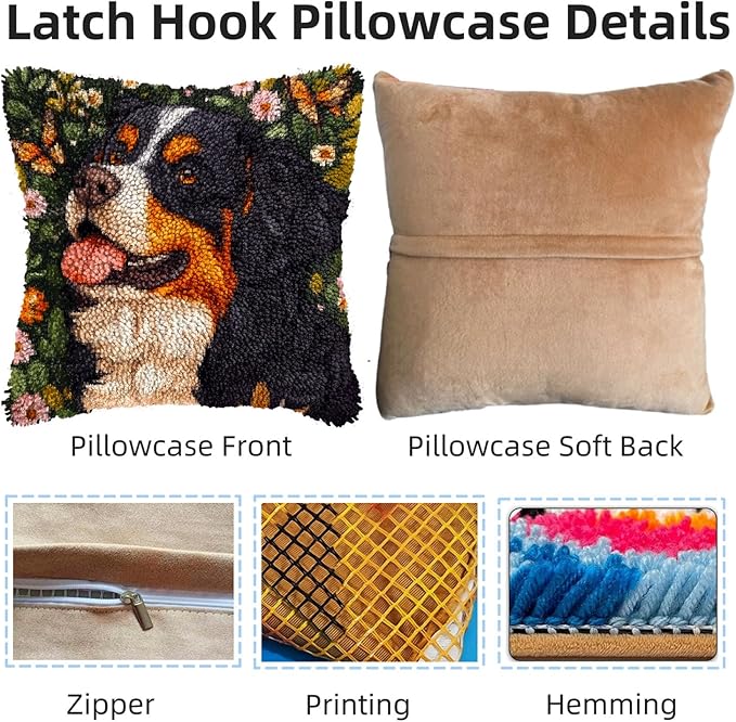 DIY Latch Hook Pillow Kits for Adults Bernese Mountain Dog and Butterfly Printed Pillowcase Crochet Yarns Hooking Handmade Pillow Cover Cushion for Home Sofa Decoration 17x17inch(3)
