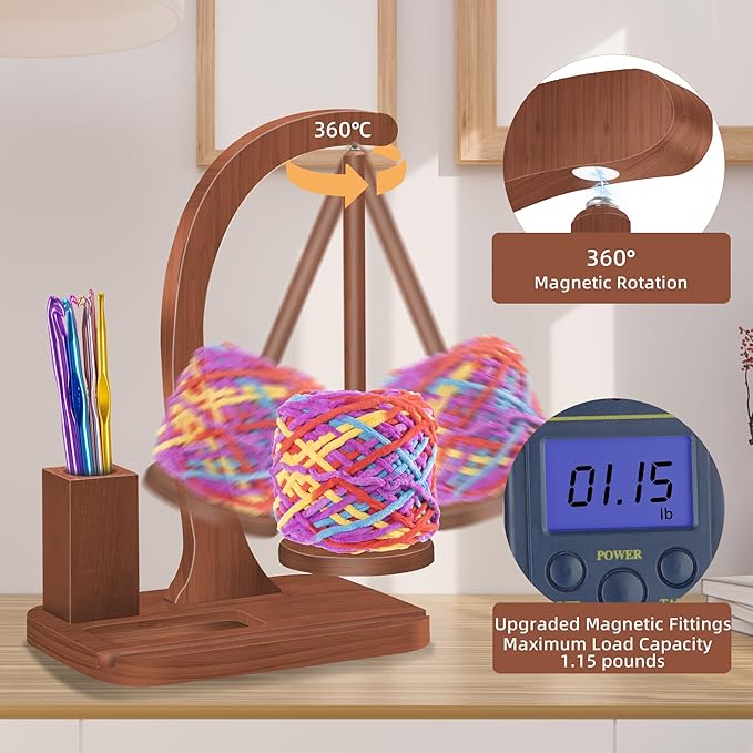 Upgraded Yarn Holder for Crocheting,Wooden Crochet Yarn Holder Magnetic Rotation Yarn Spinner with Crochet Accessories Storage and Phone Stand,Yarn Ball Holder Crochet Gift for Knitting Lovers