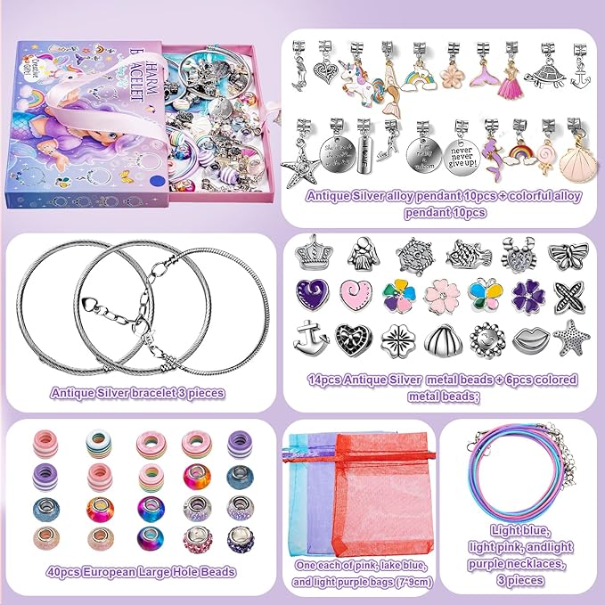Taybonds Charm Bracelet Making Kit, DIY Jewelry Kit, Creative Unicorn Mermaid Gift with Bracelets and Necklaces