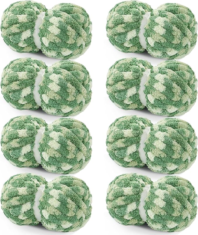 HOMBYS Chunky Tie Dye Mix Chenille Yarn for Hand Knitting, Super Bulky Jumbo Yarn for Crocheting, 3/4" Thick Soft Plush Yarn for Blankets, 8 Skein Pack (26 yds / 7.5 oz Each) Green