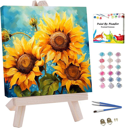 JUJUHOOD Sunflower Flower Framed Paint by Numbers Kit for Adults Beginner & Kids Ages 8-12, Acylic Paint by Number Without Easel,Watercolor Paint by Numbers for Gift Home Wall Decor (10x10Inch)